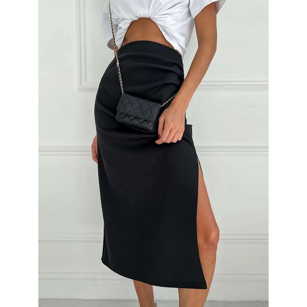 COMMENSE Utility Ruched Midi Skirt Black Ruched High Waist Size S